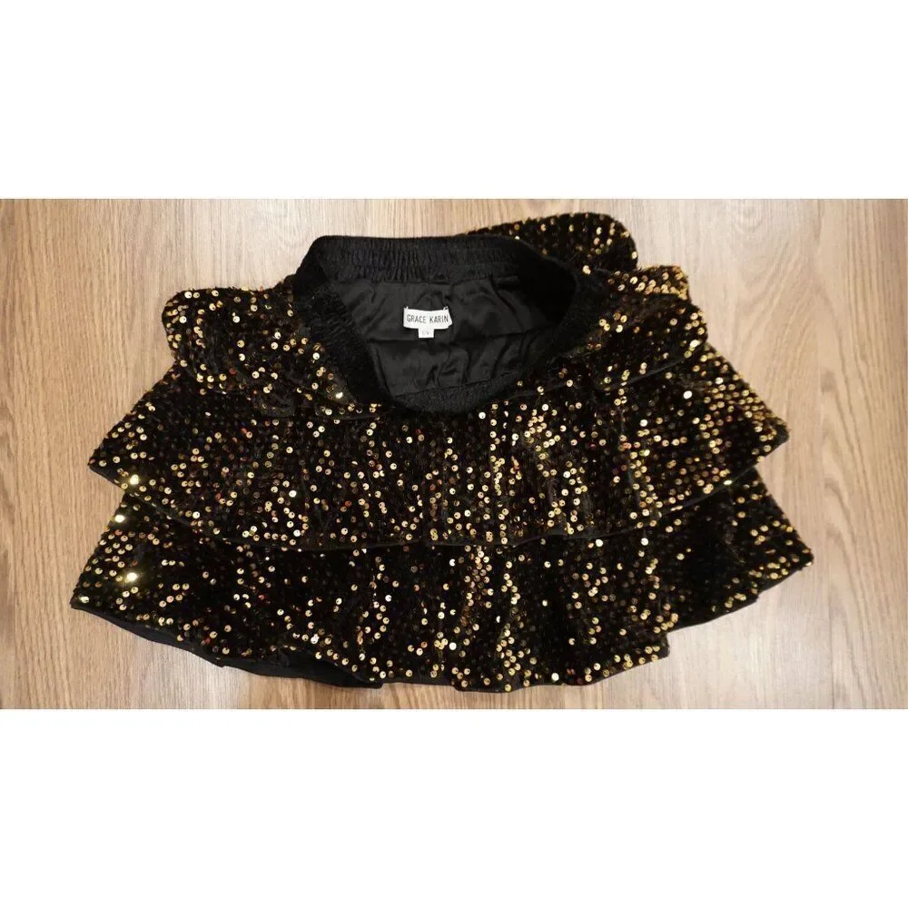 Grace Karin Girl's Sequin Ruffle Skirt - Gold/Black, Size 12Y - Picture 6 of 13